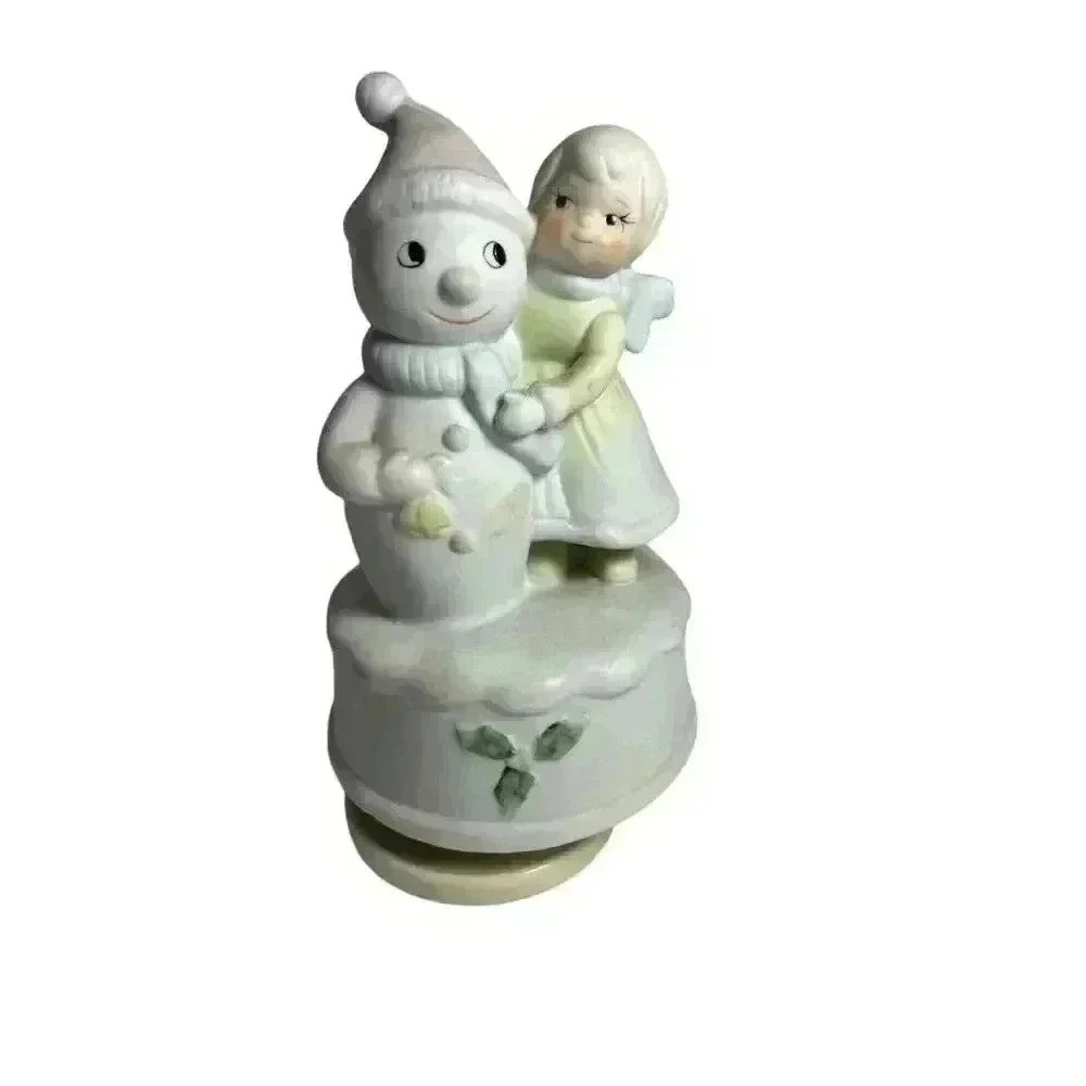 Musical Christmas Porcelain Bisque Girl with Snowman Figurine - Jingle Bells - Picture 8 of 10